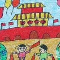 关于国庆节的儿童画-天安门前红旗飘