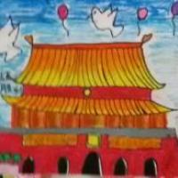 北京天安门,以国庆节为主题的儿童画