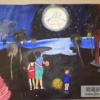 欢庆中秋节儿童画大全-全家一起赏月