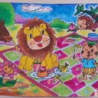 儿童油棒画作品 狮王的一天