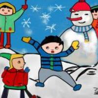 儿童画 和雪人一起玩耍