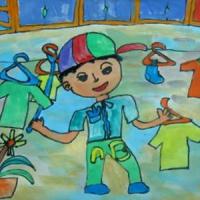晾衣服的小男孩关于劳动节的画作品分享