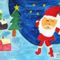 夜晚星空下的圣诞老人儿童画水粉画作品
