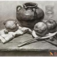 素描组合范画:深色陶罐、苹果、梨子、透明高脚杯的画法高清图片临摹素材