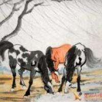 儿童画吃草的马儿，马儿中国画作品