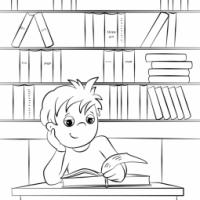 在图书馆看书的小男孩