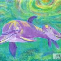 海豚母子俩海底世界油画作品分享