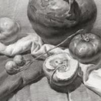 优秀素描静物图片_素描陶罐、梨、西红柿、苹果、木桌的画法