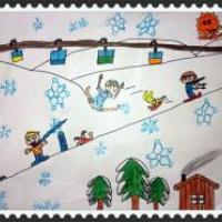儿童画欢乐的滑雪