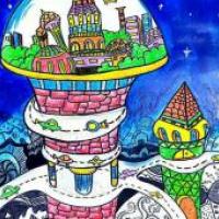 三等奖儿童科幻画《空中城市》