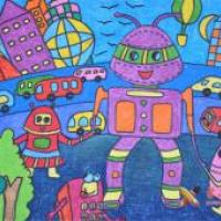 二年级小学生获奖科幻画《快乐的机器人》