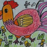 关于小鸡的儿童画作品-鸡妈妈带着小鸡去觅食