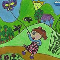 春天郊外放风筝的小女孩儿童画
