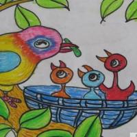 儿童蜡笔画作品图片-辛劳的鸟妈妈
