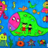 海底世界儿童画：海豚与海豹