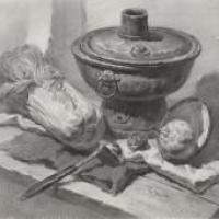 素描图片：铜火锅、白菜、不锈钢汤勺、梨、衬布的组合画法素描临摹图片