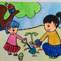 优秀儿童水彩画作品-和妈妈一起种萝卜