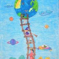 儿童油棒画科幻画:地球天梯