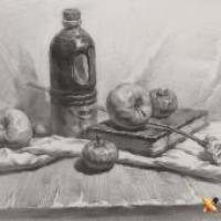 静物素描画：酱油壶、玫瑰花、面包、书、苹果组合画法高清临摹图片