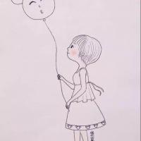 牵着氢气球的小女孩简笔画