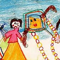 春天放风筝的小女孩儿童画