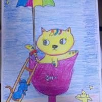儿童画画优秀蜡笔画-度假的小猫