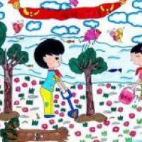 植树节儿童画图片-小朋友在植树