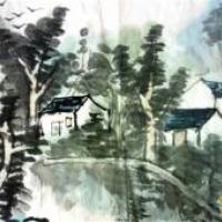 儿童中国画作品，村落小屋