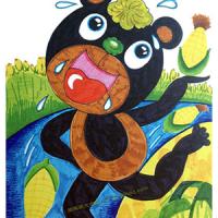 儿童动物水彩画 小黑熊掰苞米