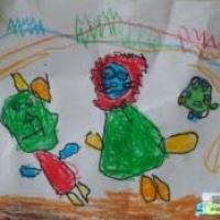 儿童蜡笔画图片大全-菊花狮和绿豆蛙的战争