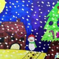 冬天的图画儿童画-小屋旁边的雪人