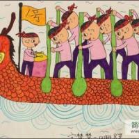 端午节龙舟儿童画-齐心协力划龙舟