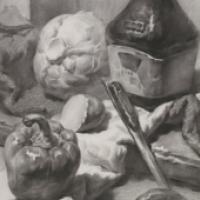 素描图片：素描静物酱油瓶、包菜、圆椒、不锈钢勺的画法素描高清临摹图片素材