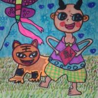 儿童画小老虎和小女孩