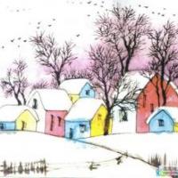 冬天美丽景色儿童画-小动物堆雪人