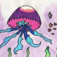 儿童画巡游海底世界的水母