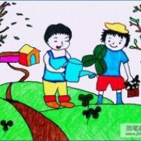 植树节的儿童画-我来浇花
