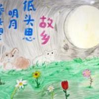儿童画中秋节赏月-桥上看月亮