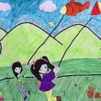 儿童画春天放风筝