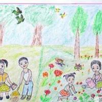五一劳动节节日儿童画作品:同学们劳动画面
