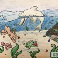 小狗和海豚海底世界绘画作品欣赏
