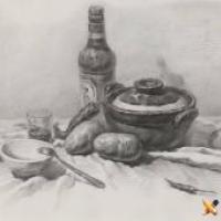 优秀素描画:砂锅、啤酒瓶、土豆、辣椒、碗、不锈钢勺、透明玻璃杯的组合画法素描图片