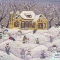 冬天主题儿童画图片：雪地里的玩闹
