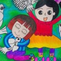 纪念世界反法西斯胜利70周年儿童画-拥抱和平鸽
