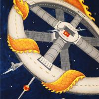 二等奖中学生获奖科幻画《新空中丝绸之路之腾龙号太空枢纽中心》欣赏